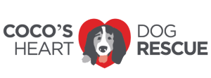 Logo of Coco's Heart Dog Rescue with a stylized dog inside a red heart on a white background.